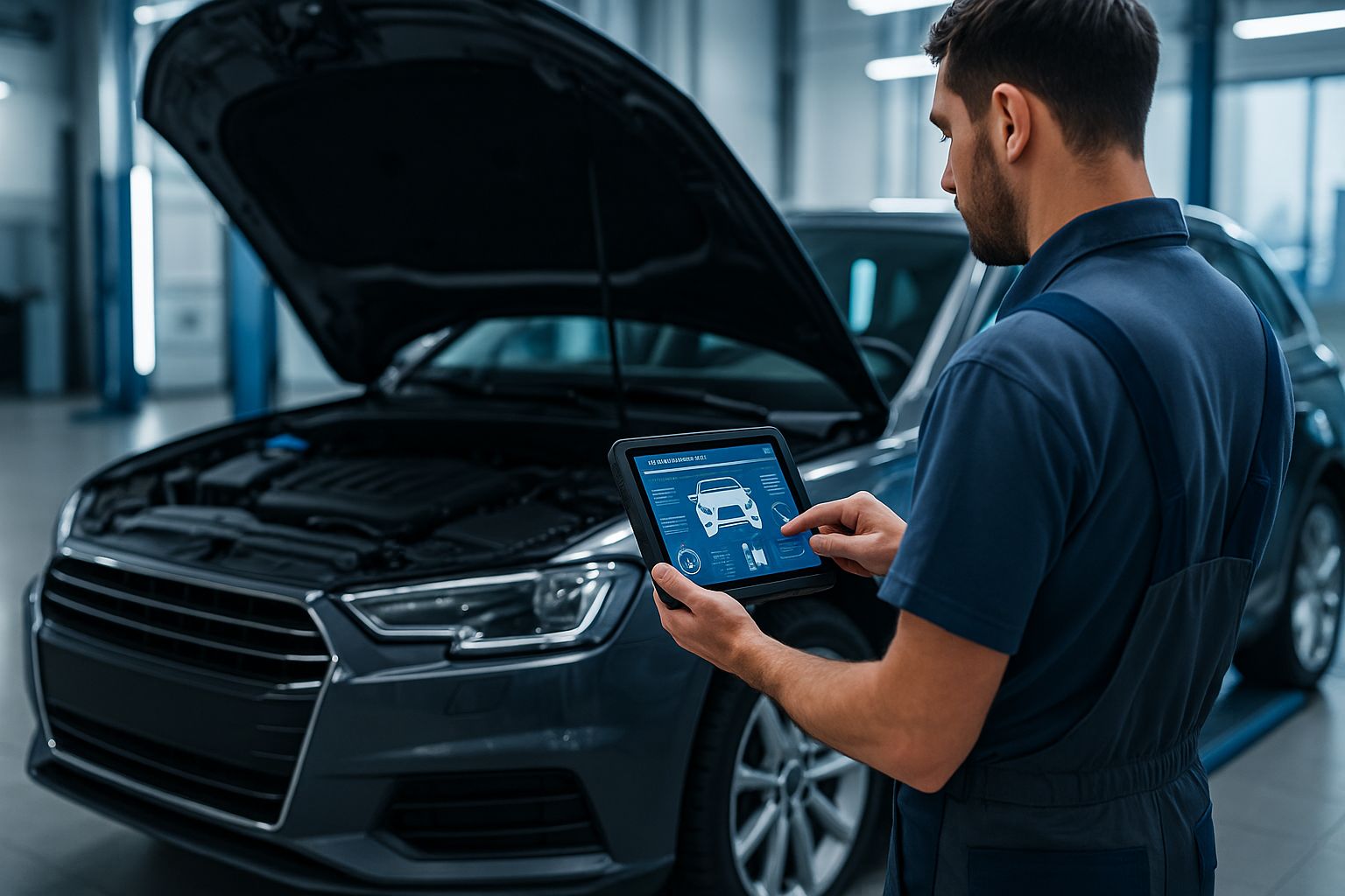 Mechaniker bei moderner Fahrzeugdiagnose in Engelskirchen – digitale Fehlerspeicheranalyse mit Tablet in der Werkstatt